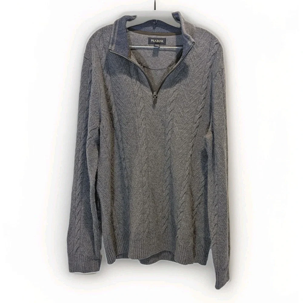 Quiet Luxury Wool Cable Knit 1/4 Zip Jos A Bank Sweater Large Gray Old Money